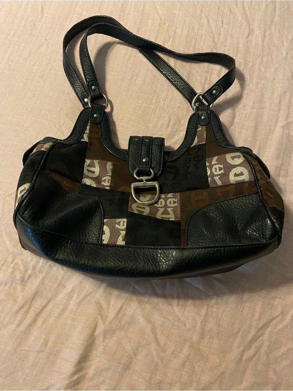 Others Follow Black and Brown Patchwork Shoulder Bag with Buckle Accent